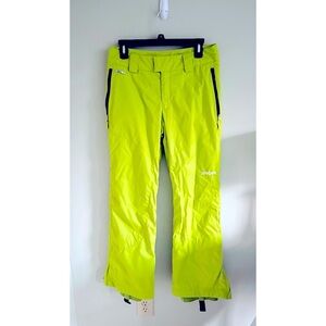 Spyder neon green ski/snow board pants with zipper pockets.